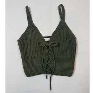 Earthy Textered Zara Lace Up Knit Crop Top Womens Small Olive Green Sleeveless